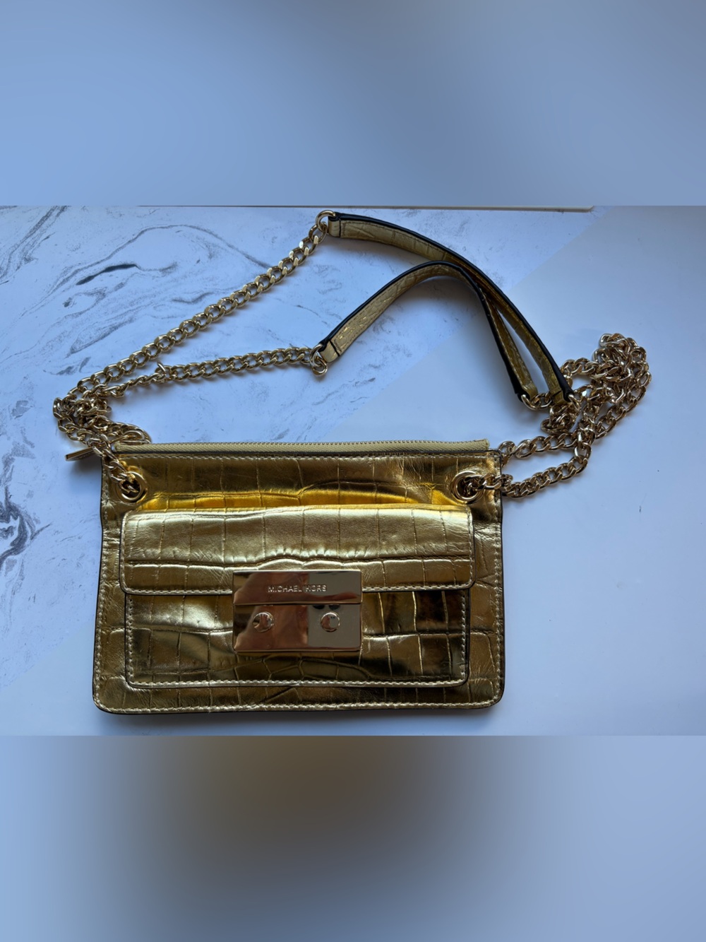 Michael Kors Metallic Gold Croc Chain Crossbody